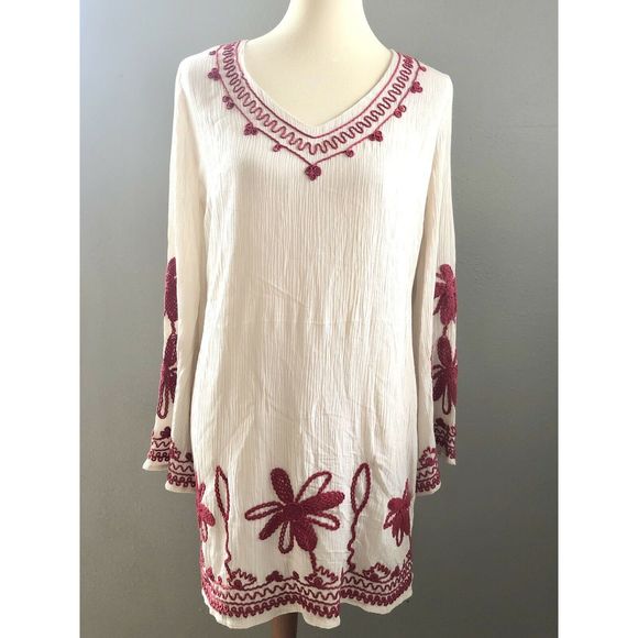 Arc & Co. Sz M Tunic Dress Embroidered Cream, Pink - Picture 1 of 10